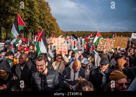 La Haye, Hollande du Sud, pays-Bas. 29 octobre 2023. Les manifestants pro-palestiniens commencent à marcher à travers la Haye jusqu’au Palais de la paix ; le 29 octobre 2023, des milliers de manifestants pro-palestiniens se sont rassemblés au Malieveld à la Haye pour protester contre l’augmentation de la violence israélienne à Gaza. Les manifestants ont suivi en marchant à travers la ville jusqu'au Palais de la paix. (Image de crédit : © James Petermeier/ZUMA Press Wire) USAGE ÉDITORIAL SEULEMENT! Non destiné à UN USAGE commercial ! Crédit : ZUMA Press, Inc./Alamy Live News Banque D'Images