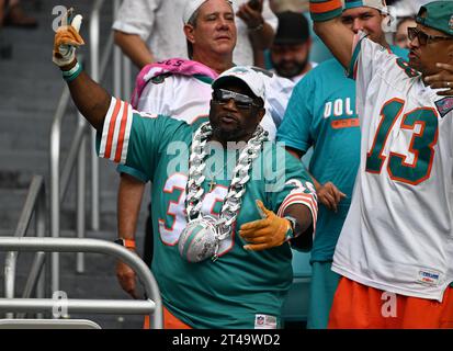 Miami, États-Unis. 29 octobre 2023. Les fans sont considérés comme les Patriots de la Nouvelle-Angleterre contre les Dolphins de Miami lors de la semaine 8 de la saison de la NFL au Hard Rock Stadium de Miami, en Floride, le dimanche 29 octobre 2023. Photo de Larry Marano/UPI crédit : UPI/Alamy Live News Banque D'Images