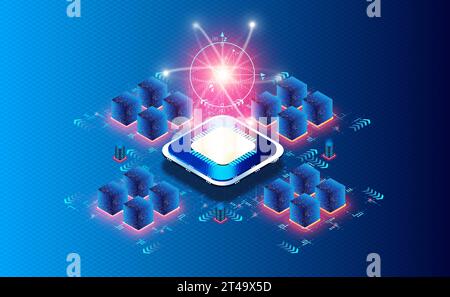 Concept d'unité de traitement quantique - QPU - processeur avec une collection de qubits qui sont utilisés pour manipuler les algorithmes de calcul quantique - Illustrati 3D. Banque D'Images