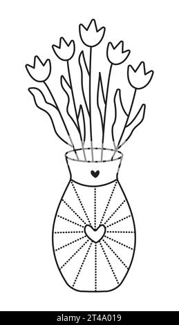 Vase avec cinq tulipes, jolie illustration de fleurs, vecteur ligne noire doodle dans un style minimal Illustration de Vecteur