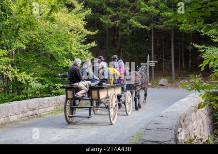Une excursion en calèche traversant un pont de pierre dans le parc national Acadia, Mount Desert Island, Maine, États-Unis Banque D'Images