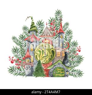 Château magique de conte de fées avec horloge rouge et vert chat noir. Illustration d'aquarelle dessinée à la main avec des branches de sapin isolées sur fond blanc. Pour voiture Banque D'Images