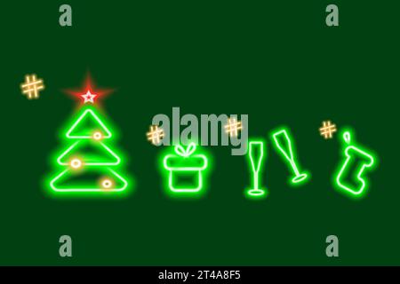 Ensemble de 4 icônes brillantes arbre de Noël, boîte cadeau, verres à champagne et chaussette pour cadeaux avec hashtag. EPS. Concept de conception de vecteur pour la recherche, l'icône, le logo ou l'étiquette, la bannière d'affiche et d'autres utilisations différentes Illustration de Vecteur