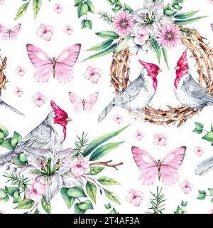 Motif aquarelle avec des oiseaux avec des fleurs. Cardinal rouge, bouquets et couronnes. Les oiseaux et les fleurs sont dessinés à la main isolés. Modèle sans couture avec des oiseaux Banque D'Images