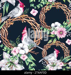 Motif aquarelle avec des oiseaux avec des fleurs. Cardinal rouge, bouquets et couronnes. Les oiseaux et les fleurs sont dessinés à la main sur un fond sombre. Patter sans soudure Banque D'Images