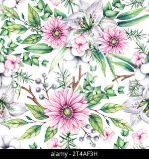 Motif aquarelle avec des fleurs. Lys, coton, gerbera, eucalyptus, aiguilles de pin. Les fleurs sont dessinées à la main sur un fond blanc. Modèle sans couture WIT Banque D'Images