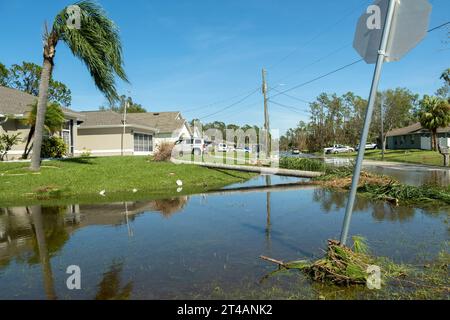 Route inondée en Floride après de fortes pluies d'ouragan Banque D'Images