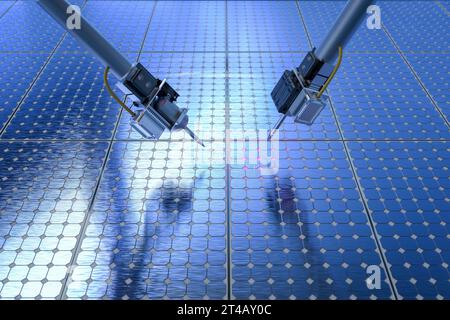 Industrie de l'automatisation avec chaîne d'assemblage de robot de rendu 3d dans l'usine de panneau solaire Banque D'Images