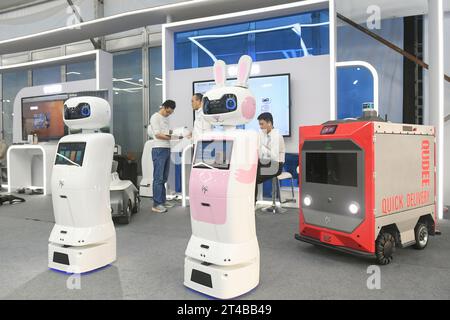HEFEI, CHINE - 24 OCTOBRE 2023 - les visiteurs visitent la zone d'exposition des robots à l'occasion de l'ouverture de la 6e World Sound Expo et 2023 IFlytek Global 1024 Dev Banque D'Images