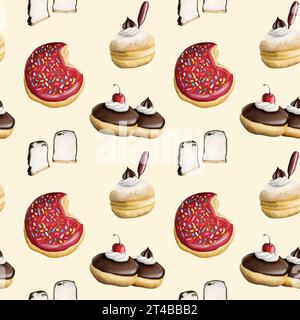 Beignets et guimauve dessert aquarelle motif sans couture sur fond beige clair pour cuisine, textile, backery, café Banque D'Images