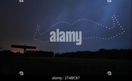 EDITORIAL UTILISEZ SEULEMENT Une vue de 100 drones dans une formation « Mo » devant l'Ange du Nord à Newcastle pour célébrer le 20e anniversaire de l'association caritative mondiale pour la santé masculine, Movember. Date de parution : lundi 30 octobre 2023. Banque D'Images