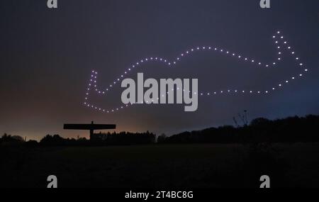 EDITORIAL UTILISEZ SEULEMENT Une vue de 100 drones dans une formation « Mo » devant l'Ange du Nord à Newcastle pour célébrer le 20e anniversaire de l'association caritative mondiale pour la santé masculine, Movember. Date de parution : lundi 30 octobre 2023. Banque D'Images