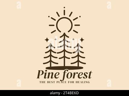 Forêt de pins, le meilleur endroit pour la guérison. Dessin d'illustration de ligne d'art de pins dans la couleur vintage et le style Illustration de Vecteur