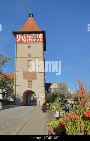 Porte historique Beinstein construite en 1491, tour de la ville, porte de la ville, Waiblingen, Baden-Wuerttemberg, Allemagne Banque D'Images