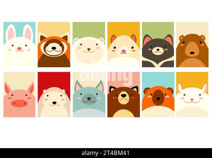 Ensemble d'icônes de membre Kawaii. Cartes avec animaux de dessin animé mignons. Bébé collection d'avatars avec lapin, ours, chien, panda rouge, gopher, cochon. Vector illustra Banque D'Images