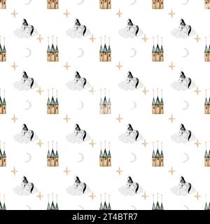 motif dessiné à la main sans couture avec des nuages de licorne vintage étoiles de lune et château magique. Motif élégant pour l'impression sur le linge de maison des enfants, pyjamas, et Banque D'Images