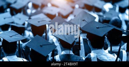 Vue arrière des diplômés universitaires en robes de fin d'études et casquettes Banque D'Images