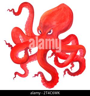 Un poulpe de dessin animé rouge en colère regarde de sous ses sourcils le spectateur. Illustration d'aquarelle isolée. Clipart Banque D'Images