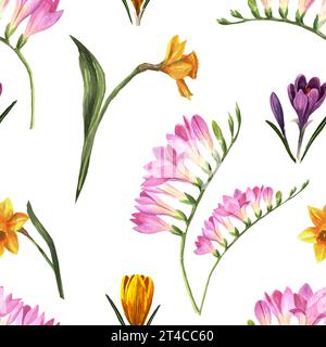 Modèle sans couture de fleurs de printemps dessinées à la main à l'aquarelle. Éléments floraux sur fond blanc pour créer des cartes postales, des motifs et des emballages. Banque D'Images