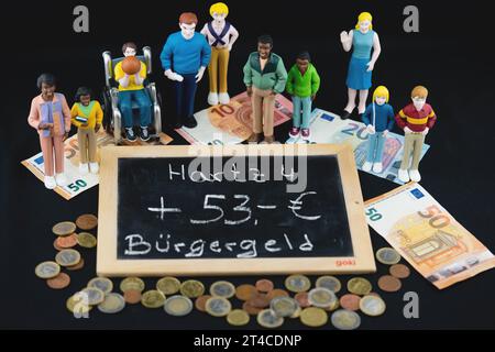 Bénéficiaires de l'aide sociale debout autour d'un tableau noir lettre Hartz 4, Buergergeld - dividende citoyen, augmentation des coûts Banque D'Images