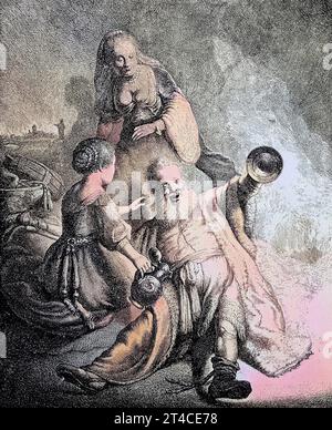 Digital restauriert, Der betrunkene Loth, ein betrunkener Mann mit zwei Damen, Kupferstich von J. G. van Vliet nach dem Original von Rembrandt, 1631, lot war ein Patriarche im biblischen Buch Genesis, Veröffentlichung aus dem Jahr 1882 / Digital Improved:, l'ivre Loth, un homme ivre avec deux dames, gravure sur cuivre de J. G. van Vliet après l'original de Rembrandt, 1631, Lot fut patriarche dans le Livre biblique de la Genèse, publié à partir de l'année 1882 Banque D'Images
