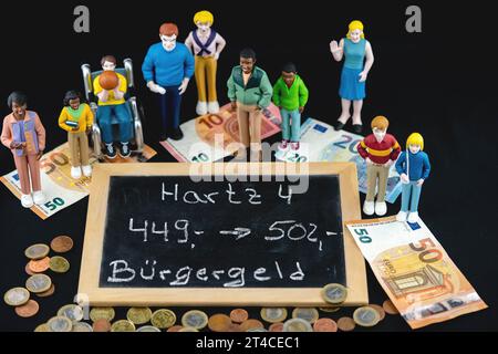 Bénéficiaires de l'aide sociale debout autour d'un tableau noir lettre Hartz 4, Buergergeld - dividende citoyen, augmentation des coûts Banque D'Images