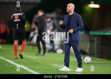 L'entraîneur-chef du Real Racing Club Jose Alberto Lopez Menendez réagit lors du match de LaLiga Hypermotion entre le Real Racing Club et le Racing Club Ferrol AT Banque D'Images