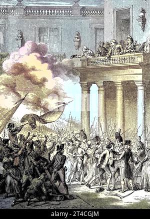 6. Oktober 1789, Ludwig XIV, Marie Antoinette und die königlichen Kinder auf dem Balkon des Schloss von Versailles, Frankreich, Reproduktion eines Holzschnitts aus dem Jahr 1880, digital verbessert / 6. Octobre 1789, Ludwig XIV, Marie Antoinetteet les enfants royaux sur le balcon du château de Versailles, France, reproduction d'une gravure sur bois de l'année 1880, améliorée numérique Banque D'Images