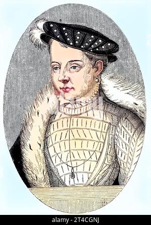 Franz II., François II., 19. Januar 1544 - 5. Dezember 1560, ein Monarch aus dem Haus Valois-Angouleme, der von 1559 bis 1560 König von Frankreich war. Er war auch König und Gemahl von Schottland, Reproduktion eines Holzschnitts aus dem Jahr 1880, digital verbessert / François II, François II, 19 janvier 1544 - 5 décembre 1560, monarque de la Maison de Valois-Angoulême qui fut roi de France de 1559 à 1560. Il était également roi consort d'Écosse, reproduction d'une gravure sur bois de l'année 1880, améliorée numériquement Banque D'Images