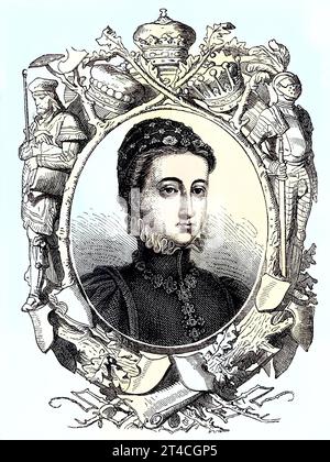 Philippine Welser, 1527 - 1580, war die morganatische Gemahlin von Ferdinand II, Erzherzog von Österreich. IHR wurden die Titel Freifrau von Zinnenburg, Markgräfin von Burgau, Landgräfin von Mellenburg und Gräfin von Oberhohenberg und Niederhohenberg verliehen, Reproduktion eines Holzschnitts aus dem Jahr 1880, digital verbessert / Philippine Welser, 1527 - 1580, était l'épouse morganatique de Ferdinand II, archiduc d'Autriche. Elle a reçu les titres de baronne de Zinnenburg, Margravine de Burgau, Landgravine de Mellenburg et Comtesse d'Oberhohenberg et Niederhohenberg, reproduction d'un testament Banque D'Images