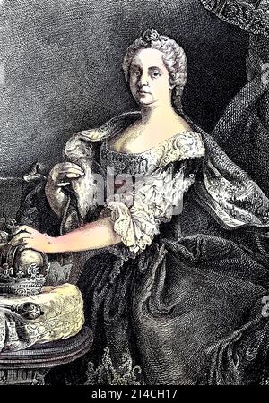 Maria Theresia Walburga Amalia Christina, Maria Theresia, 1717 - 1780, war die einzige weibliche Herrscherin der habsburgischen Herrschaftsgebiete und die letzte des Hauses Habsburg. SIE war Herrscherin über Österreich, Ungarn, Kroatien, Böhmen, Siebenbürgen, Mantua, Mailand, Lodomerien und Galizien, die österreichischen Niederlande und Parma, Reproduktion eines Holzschnitts aus dem Jahr 1880, digital verbessert / Maria Theresa Walburga Amalia Christina, Maria Theresia, 1717 - 1780, était la seule femme dirigeante des dominions des Habsbourg et la dernière de la Maison de Habsbourg. Elle était la soverei Banque D'Images