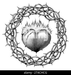 Cœur sacré entouré d'une couronne d'épines dessinées à la main style de gravure vintage Illustration de Vecteur