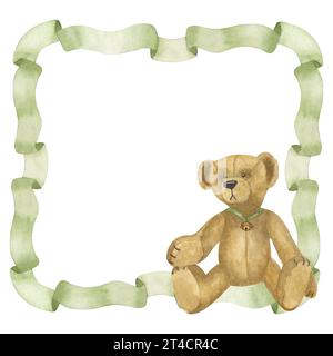 Cadre ruban vert, bordure carrée, ours en peluche vintage. Collection de jouets anciens. Illustration aquarelle dessinée à la main fond isolé. Pour les cartes Banque D'Images