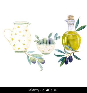 Ensemble de dessin à la main aquarelle avec olives, bouteille d'huile d'olive et vaisselle sur fond blanc. Verseuse et bol en céramique aquarelle. Banque D'Images