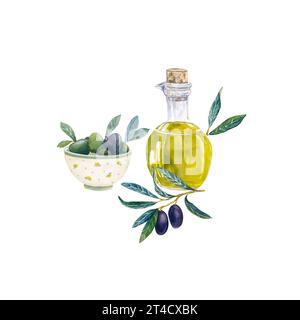 Bouteille de peinture à la main aquarelle avec huile d'olive et branche d'olive sur fond blanc. Illustration alimentaire à l'aquarelle. Banque D'Images