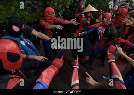 BUENOS AIRES, ARGENTINE - OCTOBRE 29 : des personnes en costumes Spider-Man caractéristiques tentent de battre le record du monde à Buenos Aires, Argentine, le 22 octobre 2023. L’influenceur américain Uki Deane lance une campagne sur les réseaux sociaux pour rassembler des milliers de personnes habillées en Spider-Man à l’Obélisque de Buenos Aires. Après un grand appel, il a été possible de battre l'actuel record du monde Guinness, établi en Malaisie, de 685 personnes habillées comme le célèbre super-héros Marvel. (Photo de Pablo Barrera / Sipa USA) Banque D'Images