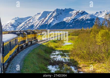 L'incroyable trajet en train panoramique de l'Alaska Railroad à travers les immenses forêts nationales, les montagnes Chugach et les montagnes Kenai. Banque D'Images