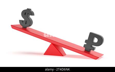Rouble russe contre dollar américain sur bascule. Image conceptuelle du déséquilibre entre devises. Banque D'Images