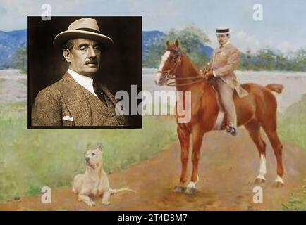 Le compositeur italien Giacomo Puccini (1858 – 1924) avec son animal de compagnie et vu assis sur son cheval à la Torre del Lago., près de Lago Inset est un portrait formel. Son nom complet est Giacomo Antonio Domenico Michele Secondo Maria Puccini- il compositore italiano Giacomo Puccini (1858 – 1924) con il suo animale domestico e visto seduto sul suo cavallo alla Torre del Lago, vicino al Lago Inset, è un rittratto formale. Son nom complet était Giacomo Antonio Domenico Michele Secondo Maria Puccini- Banque D'Images