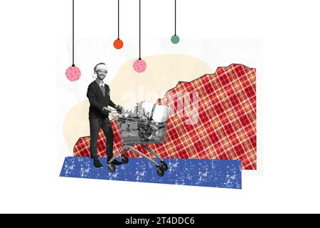 Dessin créatif collage image de drôle homme chariot supermarché cadeaux noël nouvel an modèle de carte de voeux vacances x-mas félicitations Banque D'Images