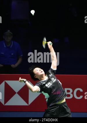 HE Bing Jiao de, Chine. , . Super 750 Badminton HSBC BWF World Tour le 27 octobre 2023 au Glaz Arena de Cesson-Sévigne, France. Photo de Laurent Lairys/ABACAPRESS.COM crédit : Abaca Press/Alamy Live News Banque D'Images