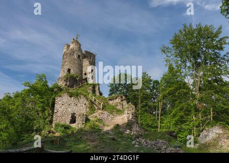 Ruines du château médiéval Starhrad , Slovaquie, Mala Fatra, jour de printemps, ciel bleu avec des nuages. Banque D'Images