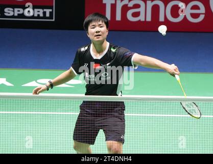 HE Bing Jiao de Chine, demi-finale, simple féminin lors du Yonex internationaux de France 2023, Super 750 Badminton HSBC BWF World Tour le 28 octobre 2023 au Glaz Arena à Cesson-Sévigné, France - photo Laurent Dairys/DPPI crédit : DPPI Media/Alamy Live News Banque D'Images