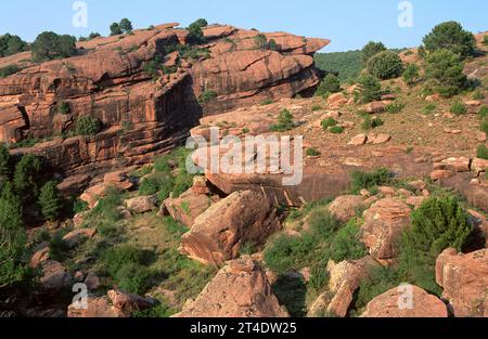 Grès rouge de Buntsandstein (Trias). El Rodeno, Sierra de Albarracin, province de Teruel, Aragon, Espagne. Banque D'Images