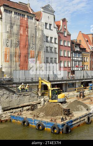 Travaux de rénovation et chantier avec excavatrice sur plate-forme flottante sur le remblai de la rivière Motlawa dans la vieille ville de Gdansk, Pologne, Europe Banque D'Images