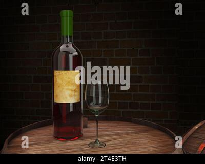 bouteille et verre de vin se tient sur un tonneau en bois dans une cave à vin . Rendu 3D. Banque D'Images