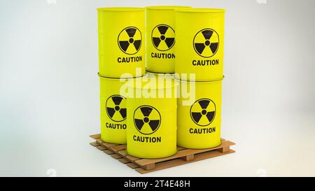 Barils en fer jaune sur palettes avec un panneau de danger de radiation. Rendu 3D. Banque D'Images