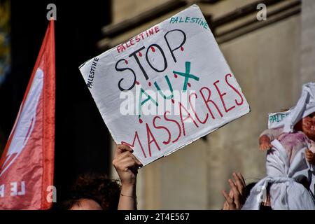 Marseille, France. 28 octobre 2023. Un manifestant tient une pancarte pendant la manifestation pour la Palestine. Plus de 2 000 personnes ont défilé dans les rues de Marseille pour soutenir le peuple palestinien et arrêter les bombardements à Gaza. Crédit : SOPA Images Limited/Alamy Live News Banque D'Images