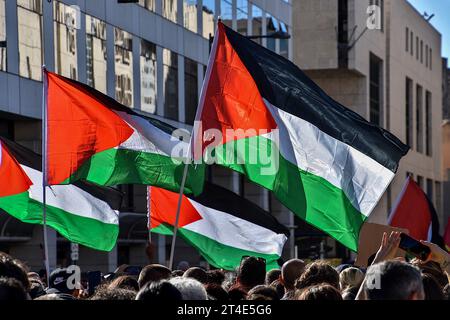 Marseille, France. 28 octobre 2023. Les manifestants brandissent des drapeaux palestiniens pendant la manifestation pour la Palestine. Plus de 2 000 personnes ont défilé dans les rues de Marseille pour soutenir le peuple palestinien et arrêter les bombardements à Gaza. (Photo Gerard Bottino/SOPA Images/Sipa USA) crédit : SIPA USA/Alamy Live News Banque D'Images