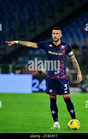 Rome, Italie. 30 octobre 2023. Cristiano Biraghi de ACF Fiorentina fait des gestes lors du match de football Serie A entre SS Lazio et ACF Fiorentina au stade Olimpico à Rome (Italie), le 30 octobre 2023. Crédit : Insidefoto di andrea staccioli/Alamy Live News Banque D'Images